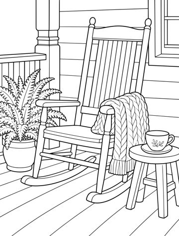 Printable adult coloring page: rocking chair on the porch.