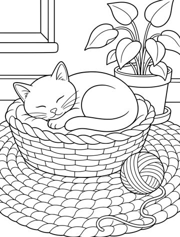 Printable adult coloring page: cat asleep in a basket.