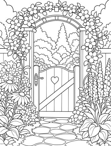 Printable adult coloring page: garden gate under a rose arbor.
