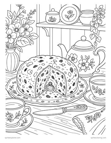 Printable adult coloring page: barmbrack with a ring baked inside.