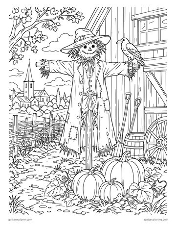 Printable adult coloring page: scarecrow with a crow and pumpkins.