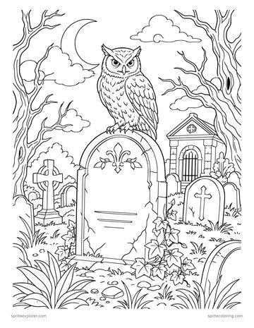 Printable adult coloring page: owl on a gravestone.