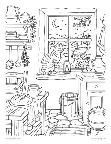Printable adult coloring page: cat on a cottage windowsill.
