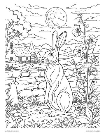 Printable adult coloring page: hare under a full moon.