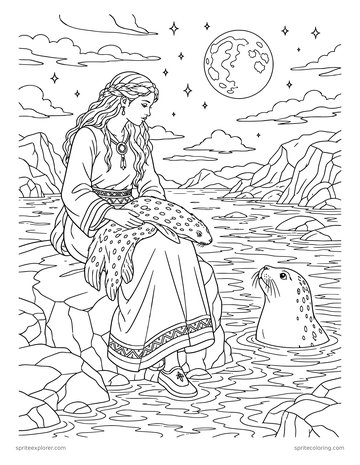 Printable adult coloring page: selkie on a rock with her sealskin.