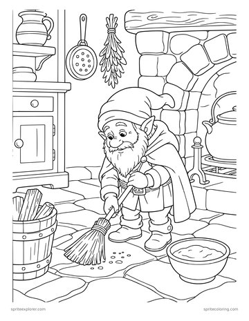 Printable adult coloring page: brownie sweeping the hearth.