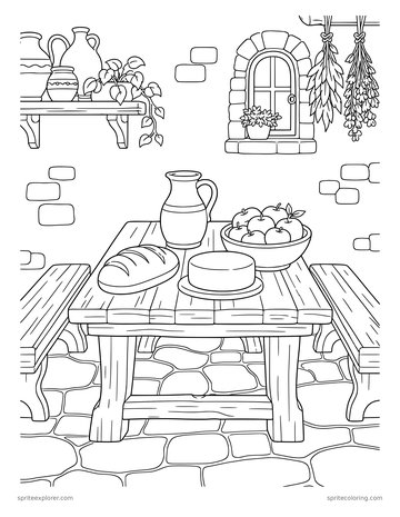 Printable adult coloring page: harvest supper table.