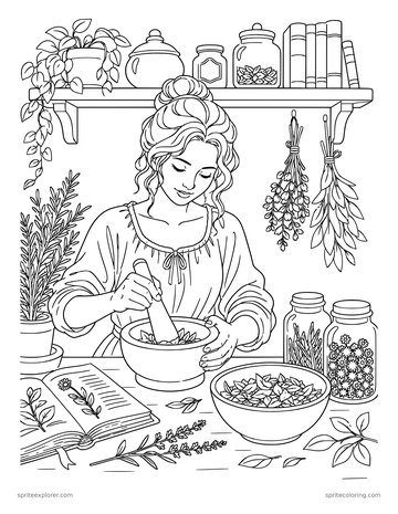 Printable adult coloring page: healer at her mortar and pestle.