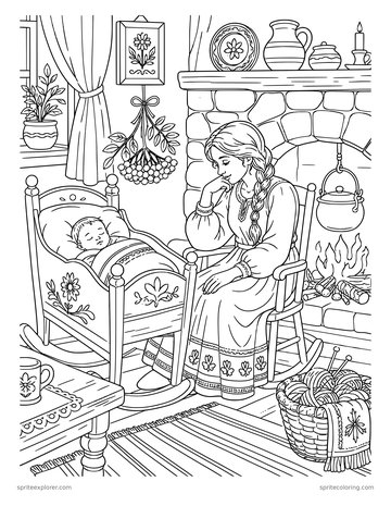 Printable adult coloring page: cradle with a rowan branch.