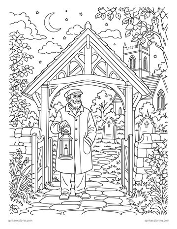 Printable adult coloring page: sexton at the lychgate.
