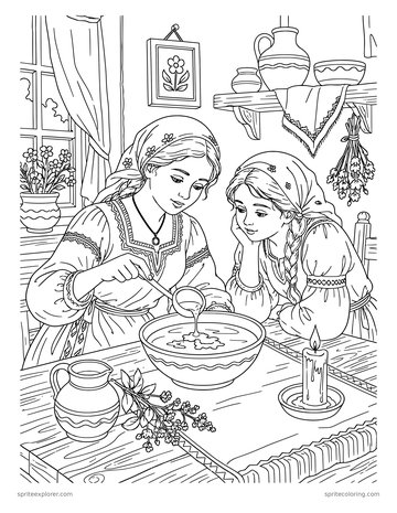 Printable adult coloring page: pouring wax into water.