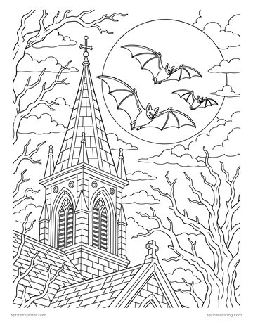 Printable adult coloring page: bats over a church tower.