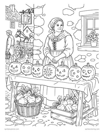 Printable adult coloring page: turnip lantern market stall.