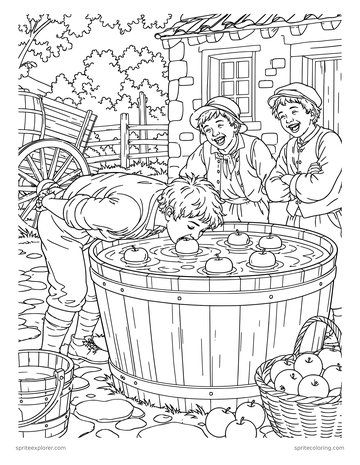 Printable adult coloring page: bobbing for apples.