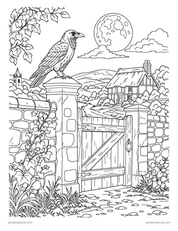 Printable adult coloring page: raven on a gatepost.