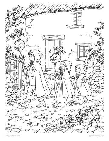 Printable adult coloring page: children with turnip lanterns.