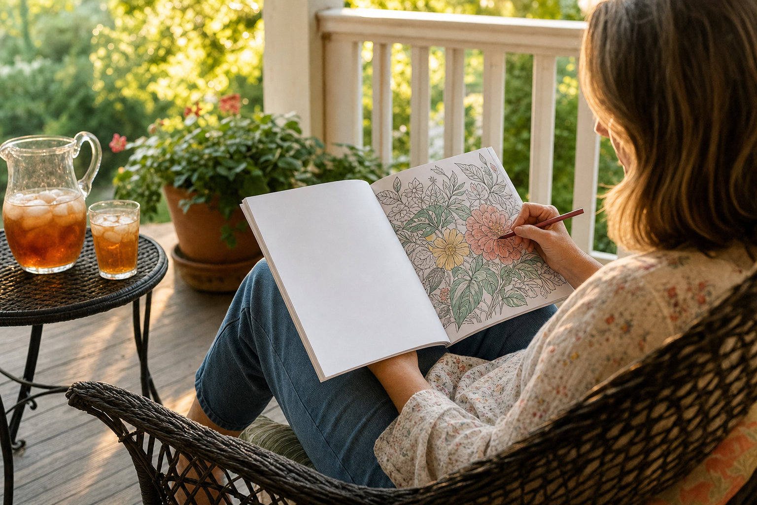 An adult coloring in a book on a porch in warm evening light.