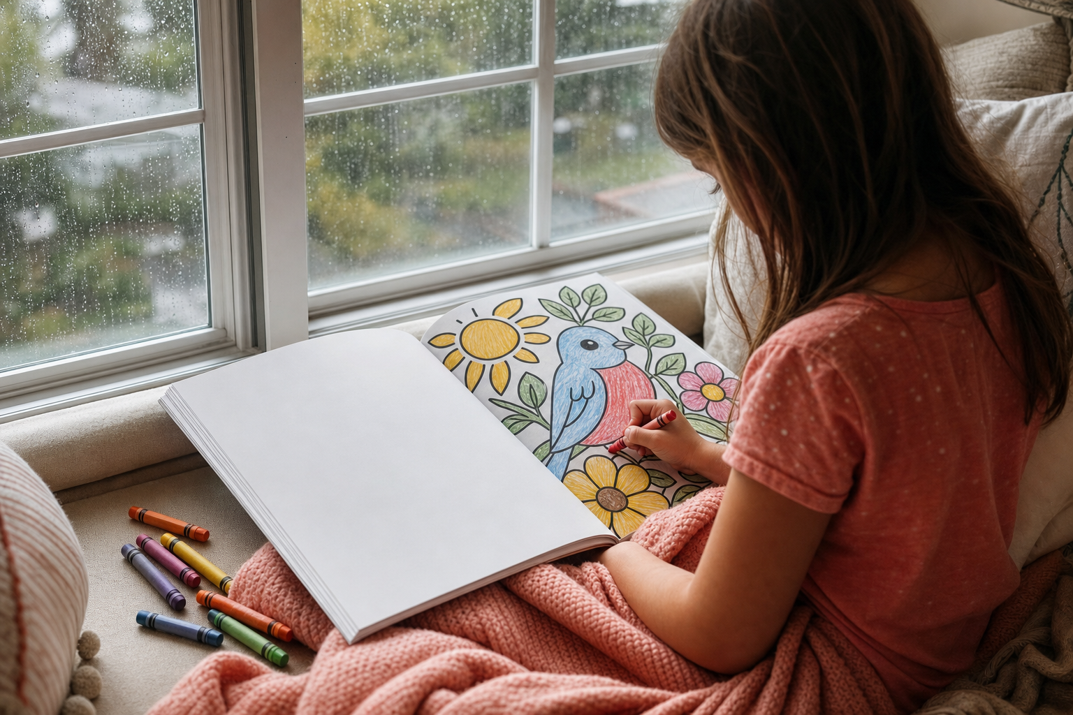 A child coloring a large-print page with crayons on a window seat.